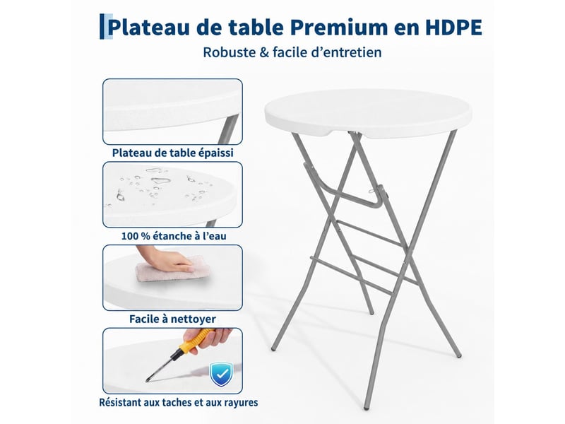  Table de bar pliante extérieure, table mange‑debout, table pour terrasse événement buffet, 110 cm, blanc  - Conforama E