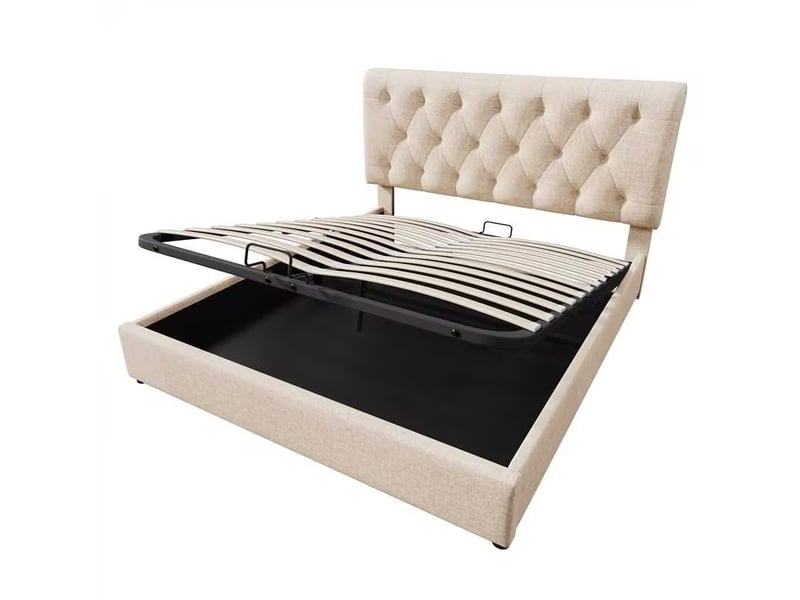  Lit double capitonné avec coffre de rangement et tête de lit réglable 160x200 cm lin naturel  - Conforama R