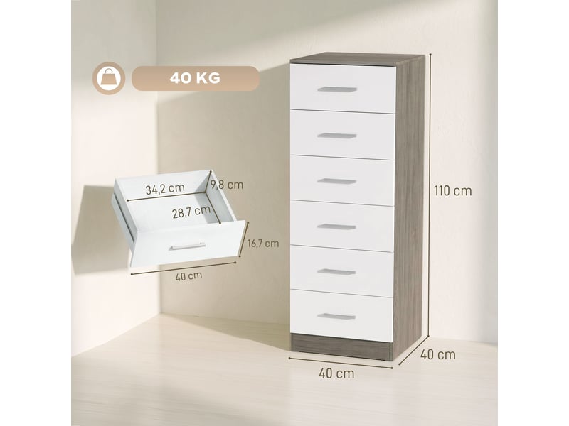  Commode à 6 tiroirs, commode haute de chambre avec dispositif anti-basculement, 40 x 40 x 110 cm, gris clair et blanc  - Conforama E