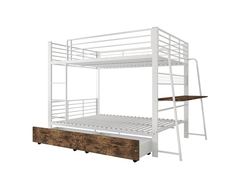  Lit superposé 140x200 cm en métal blanc et mdf avec bureau, led, prises usb et type-c, 2 tiroirs, sans matelas  - Conforama D