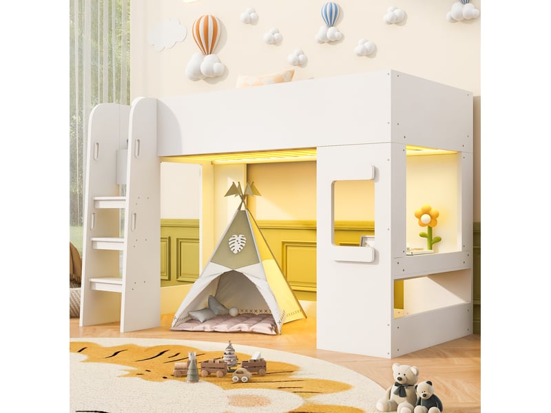 Lit mezzanine 90 × 200 cm avec bureau, led et grande barrière, sans matelas, lit junior blanc - Conforama B