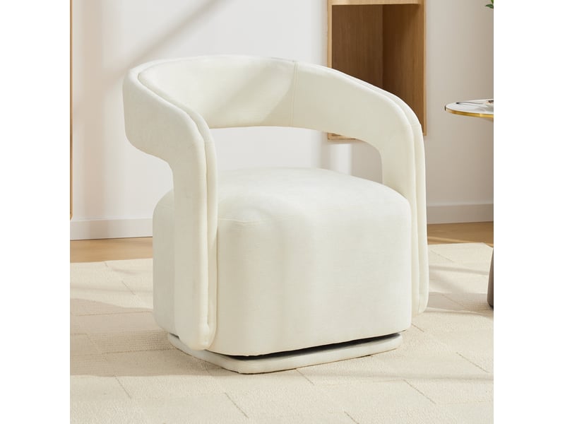  Fauteuil 70x65,5x74 cm, pivotant 360°, design tonneau, confort ergonomique, tissu chenille, canapé une place, blanc  - Conforama B
