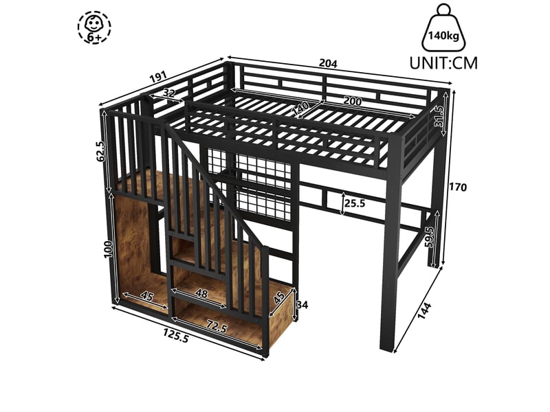  Lit mezzanine 140x200 cm avec led, escalier de rangement, panneau grillagé, support projecteur et sommier, gain de place en métal, noir Sol Morn - Conforama C