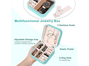 Petite boîte à bijoux pour femme, coffret à bijoux de voyage, pu-leder rangement pour bagues, boucles, colliers (bleu)