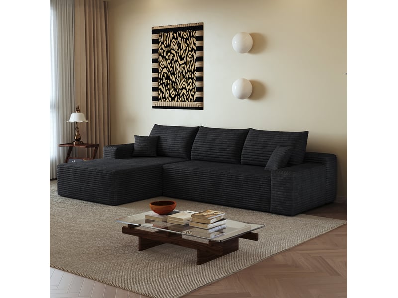 Canapé d'angle compressé modulable 3 places avec méridienne gauche en velours côtelé noir - Conforama B