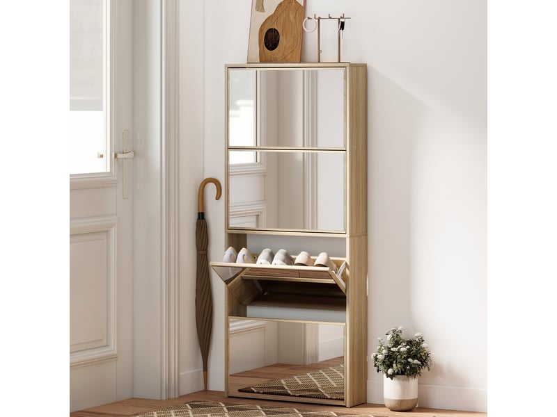 Meuble à chaussures étroit avec miroir et 4 portes battantes pour 12 paires de chaussures, 63 x 17 x 146 cm, naturel - Conforama C