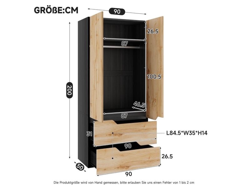  Armoire 90x50x200 cm 2 portes avec tringle, 2 tiroirs noir et bois  - Conforama C