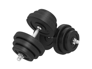 Ensemble haltères musculation 40 kg (4x5, 4x2,5, 4x1,5 kg), réglable, pro, 2 barres acier ø25x450 mm, disques.