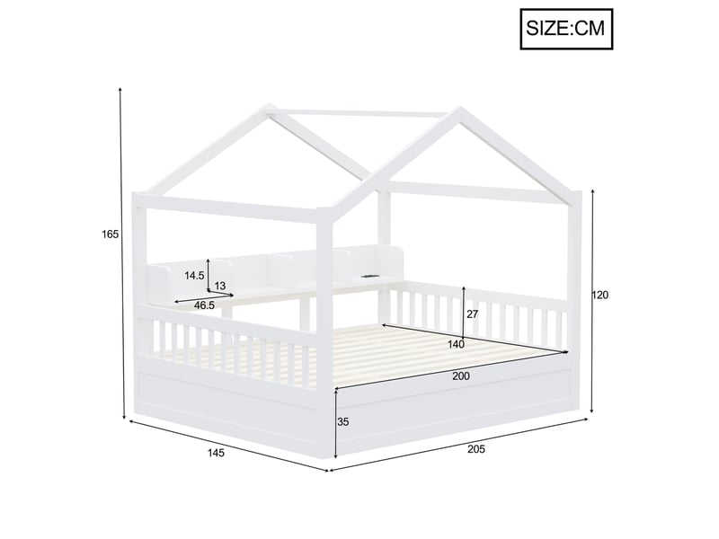 Lit cabane 140x200 cm, rangement hydraulique, barrières, led, prises, bois de pin et mdf, blanc, sans matelas - Conforama C