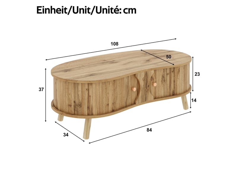 Table basse 108x50x37 cm avec 2 portes coulissantes, pieds bois, meuble de salon, rangement, mdf, couleur naturel  - Conforama C