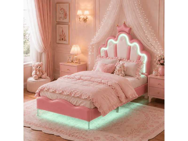  Lit enfant 90x200 - éclairage led rgb - lit fille princesse avec tête de lit réglable - décor couronne -similicuir - lit enfant 90x200 avec led réglables -lit fille avec tête de lit en forme de couronne -sommier à lattes -lit un…  - Conforama B