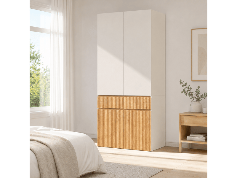  Armoire dressing 4 portes avec penderie et tiroir - lpospi - rangements bas mdf et panneaux de particules gris clair et chêne naturel 90 × 50 × 200 cm  - Conforama C