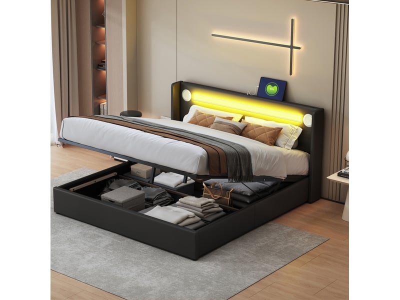  Lit coffre 160x200 cm noir avec led, bluetooth, usb et sommier à lattes  - Conforama E