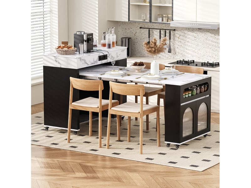  Îlot de cuisine extensible à roulettes avec prises, rangement et tiroir noir  - Conforama D