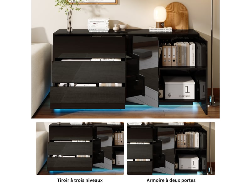  Kefsr buffet noir brillant avec led - meuble tv &amp; bahut moderne 2 portes 3 tiroirs, sans poignée, design laqué pour salon, salle à manger et entrée (160x35x71cm)  - Conforama E