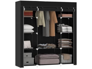 Armoire en tissu avec penderie, 10 étagères ouvertes, housse zippée et structure en acier, 150 x 43 x 162,5 cm, noire