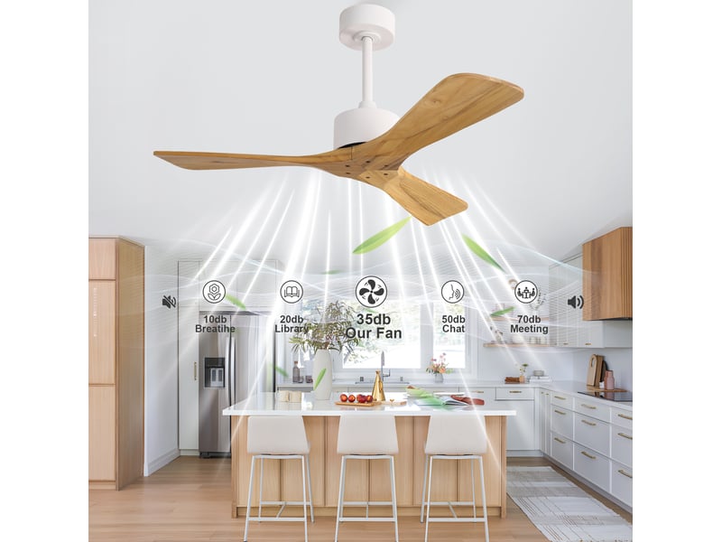 Ventilateur de plafond 104 cm sans éclairage, 3 pales en bois blanc et naturel - Conforama E