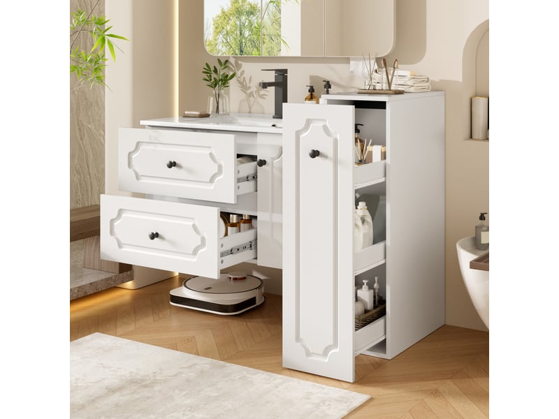  Meuble sous vasque avec 2 tiroirs, 1 porte et colonne à 3 niches pour salle de bain, 107×47,5×90,5 cm, blanc  - Conforama C