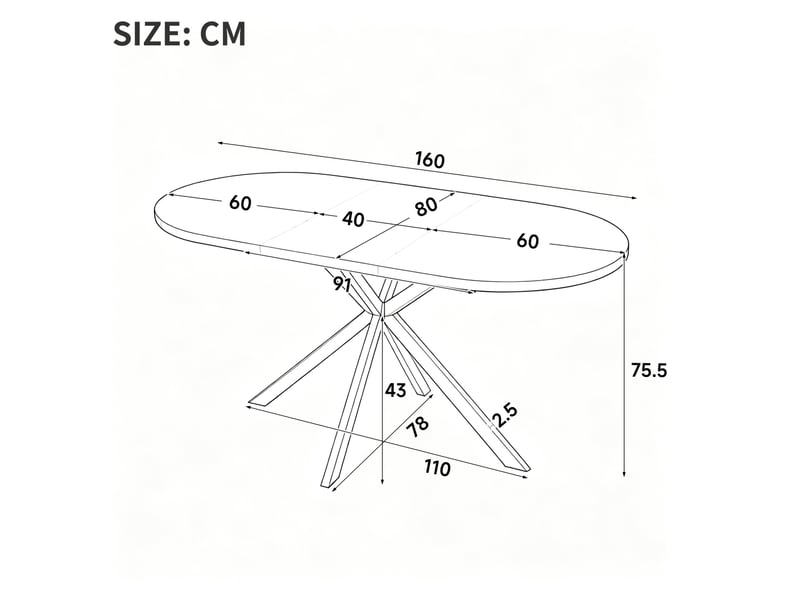  Table à manger extensible 120160x80x75,5 cm, style minimaliste, ovale mdf, pieds métal, aspect marbre blanc  - Conforama C