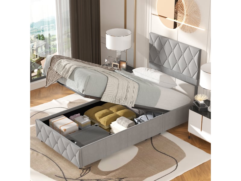  Lit enfant coffre 90x190 cm, tête de lit réglable, sommier à lattes, velours gris, sans matelas  - Conforama D