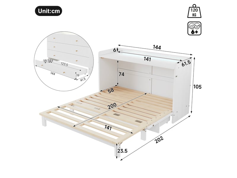 Lit escamotable 140 x 200 cm blanc avec tiroirs, led, usb et prise - Conforama E