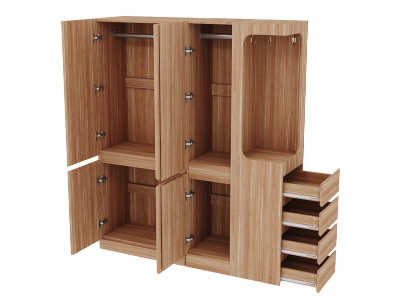  Armoire grande avec 3 portes, 4 tiroirs et 3 compartiments ouverts pour chambre en bois naturel 140×40×170 cm  - Conforama E