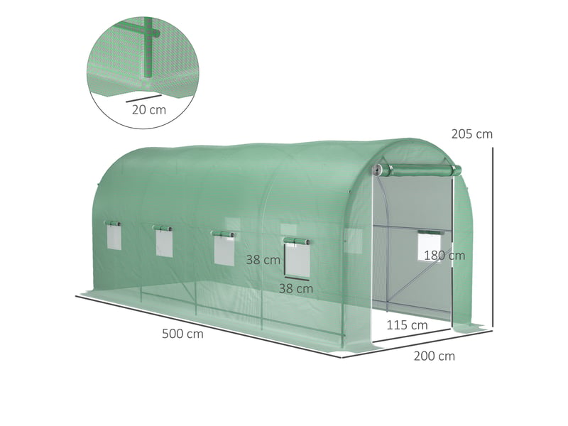  Serre tunnel de jardin 5 x 2 x 2 m avec 8 fenêtres et porte sectionnelle, verte  - Conforama E