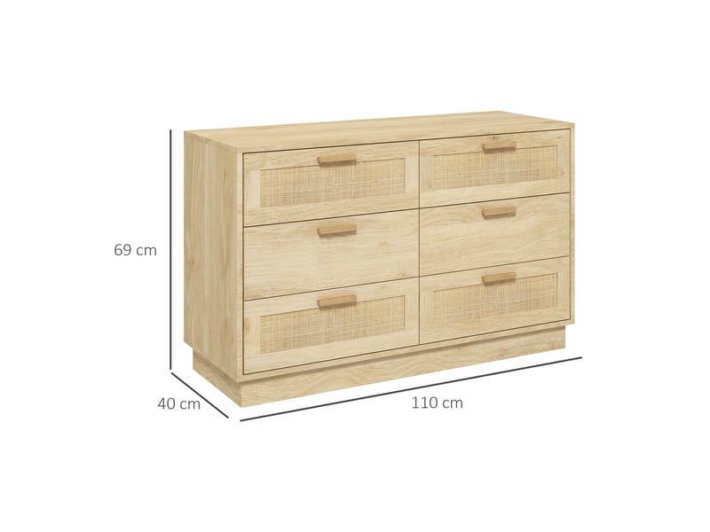  Commode 6 tiroirs style bohème pour chambre et entrée, en bois et rotin, 110 x 40 x 69 cm, chêne  - Conforama E