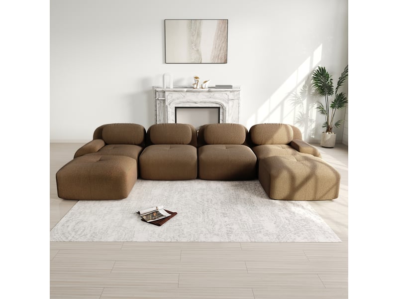  Canapé d'angle modulable 6 places en velours côtelé marron, sans montage, 388x178x70 cm  - Conforama B