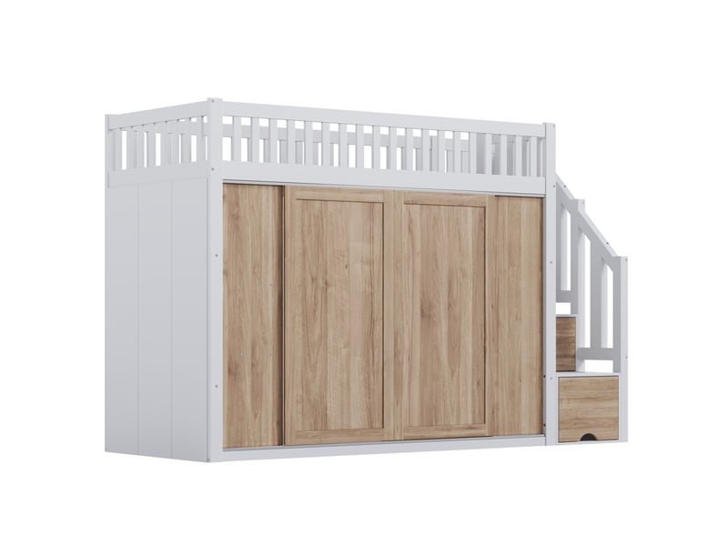Lit mezzanine 90x200 cm blanc et chêne – armoire, tiroirs d’escalier, éclairage led intégré - Conforama C
