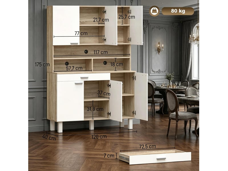 Buffet haut de cuisine 120x40x175 cm, 6 portes, 1 tiroir et rangements ouverts, blanc avec effet bois naturel - Conforama C