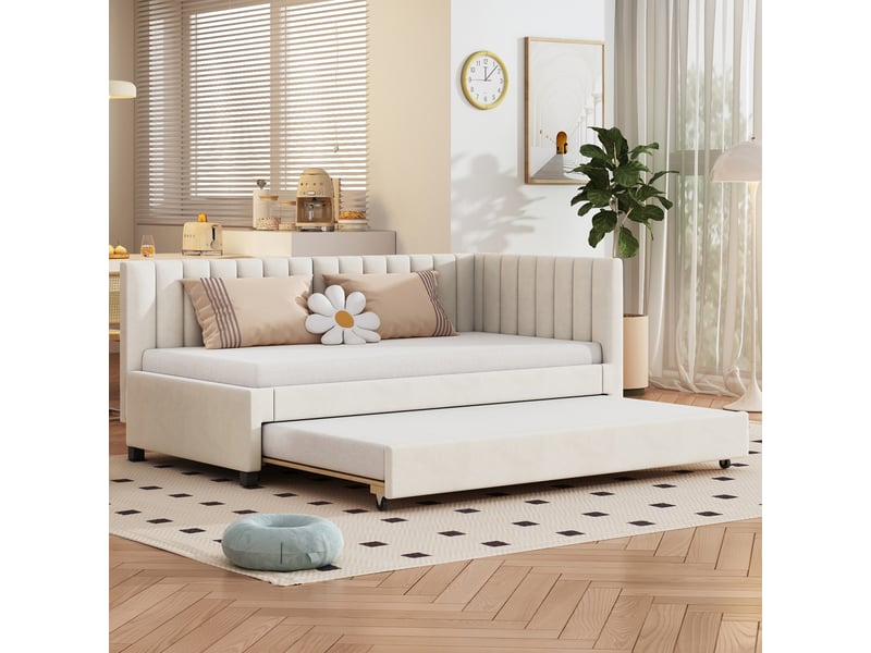  Lit convertible en velours beige 90x200 cm  - Conforama E