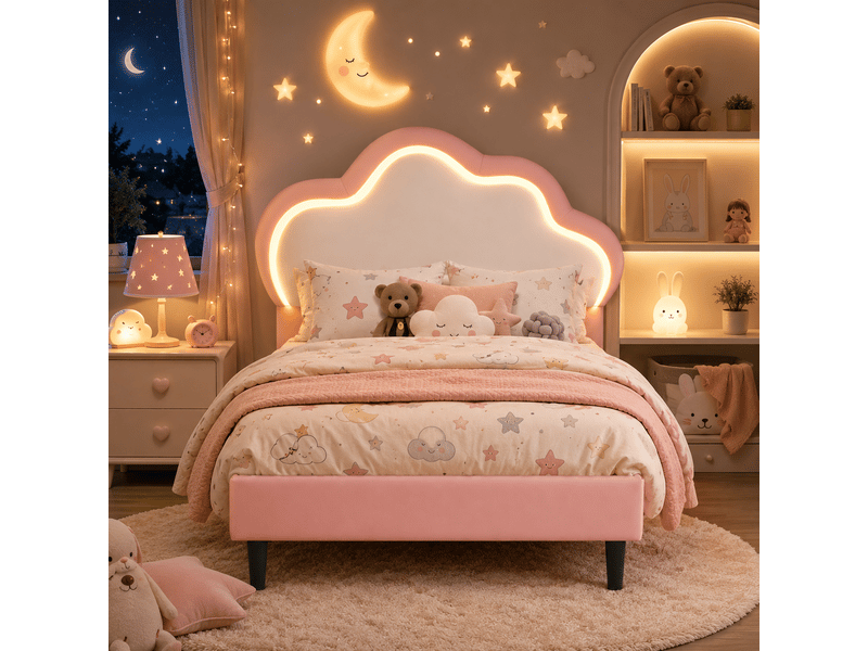  Lit enfant fille 90x200 avec éclairage led rgb , lit princesse avec tête de lit nuage réglable, sommier à lattes, 1 place, lit enfant fille 90x200 cm avec lumière led, lit princesse avec tête de lit nuage réglable, lit rembourré…  - Conforama B
