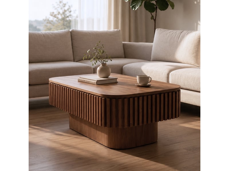  Table basse rectangulaire avec coffre et décor cannelé teinte noyer 98 × 60 × 35 cm IKSETERA TRADING LTD - Conforama R