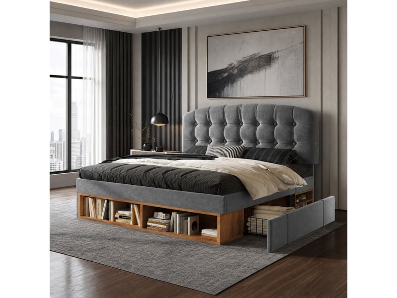  Lit double 140 x 190 cm gris en velours avec sommier à lattes, tiroirs et rangements  - Conforama B