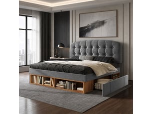 Lit avec rangement 140x190 cm <strong></strong> <strong></strong> coloris gris