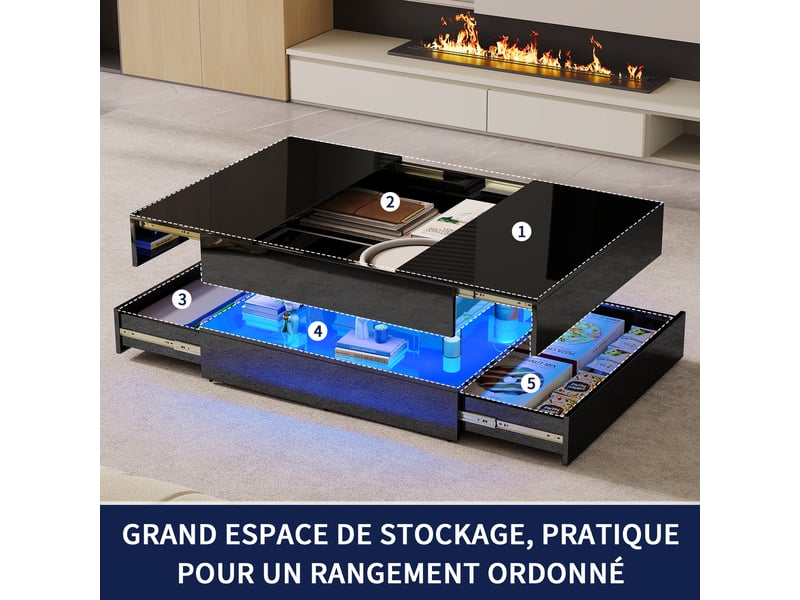 Table basse noire laquée – led rgb –  2 tiroirs push‑open –  design moderne  - Conforama E