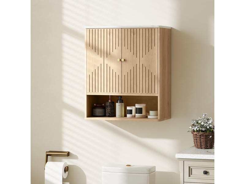 Armoire murale de salle de bain, meuble de rangement avec compartiment ouvert et étagère réglable, 60 x 18 x 70 cm chêne  - Conforama C