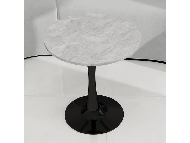  Table basse ronde 70x70x72cm design minimaliste, pieds hauts, marbre reconstitué, adaptée à 2 personnes, gris et noir  - Conforama W
