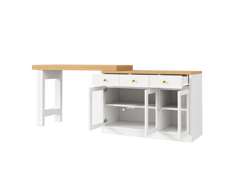  Îlot de cuisine extensible 120-200 cm avec led rgb, 3 tiroirs et 3 portes vitrées, table bar en mdf blanc  - Conforama E