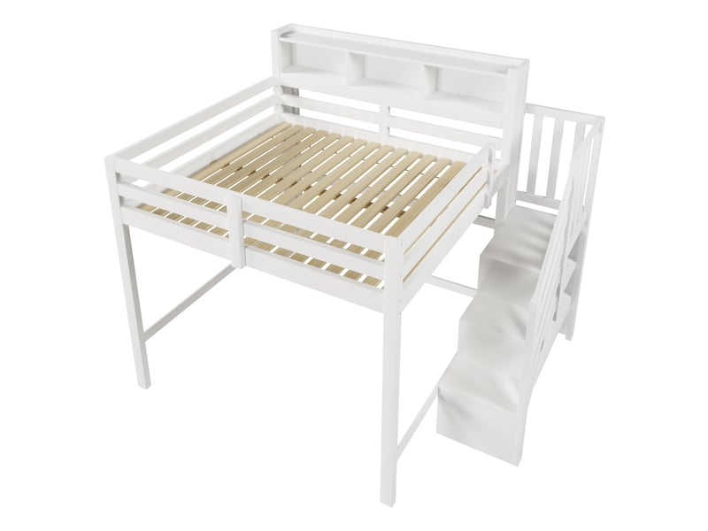 Lit mezzanine blanc 140x200 cm, led, espace inférieur et escalier-rangement - Conforama D