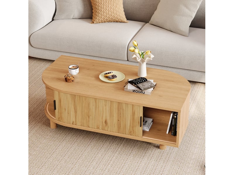  Table basse 100x50x35 cm coloris bois naturel avec portes à rideau  - Conforama E