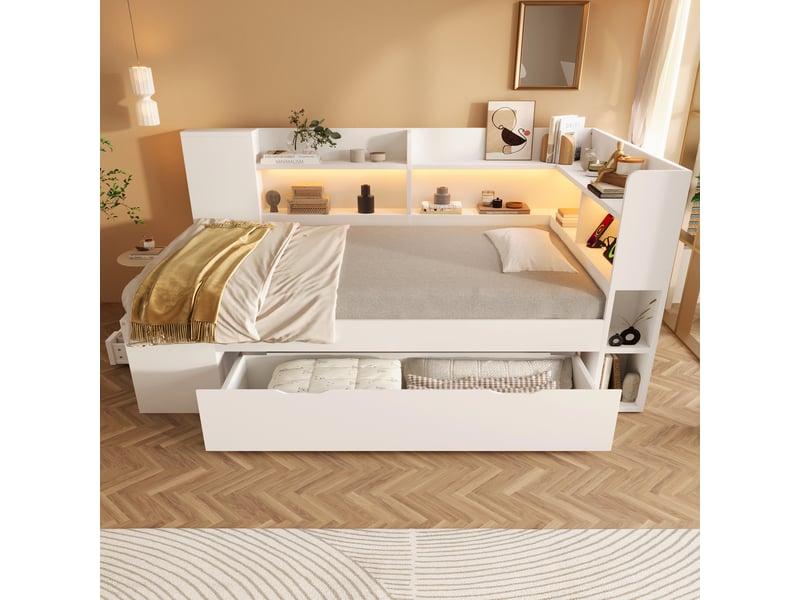 Lit banquette enfant simple 90x190 cm avec led et ports usb+type-c, rangements, mdf, blanc, sans matelas  - Conforama R