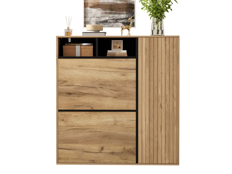  Meuble à chaussures 90x24x94cm - meuble à chaussures avec 2 abattants, 1 porte et niches ouvertes - bois et noir  - Conforama A