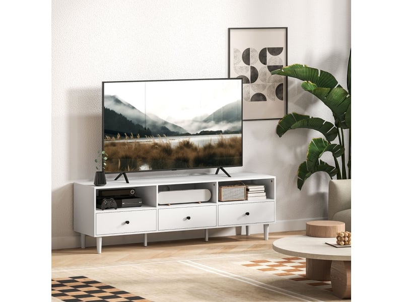  Meuble tv ulevr avec 3 tiroirs et 3 niches ouvertes, passe-câbles central, 140 x 34 x 45 cm, blanc, pour téléviseur jusqu’à 75 pouces  - Conforama E