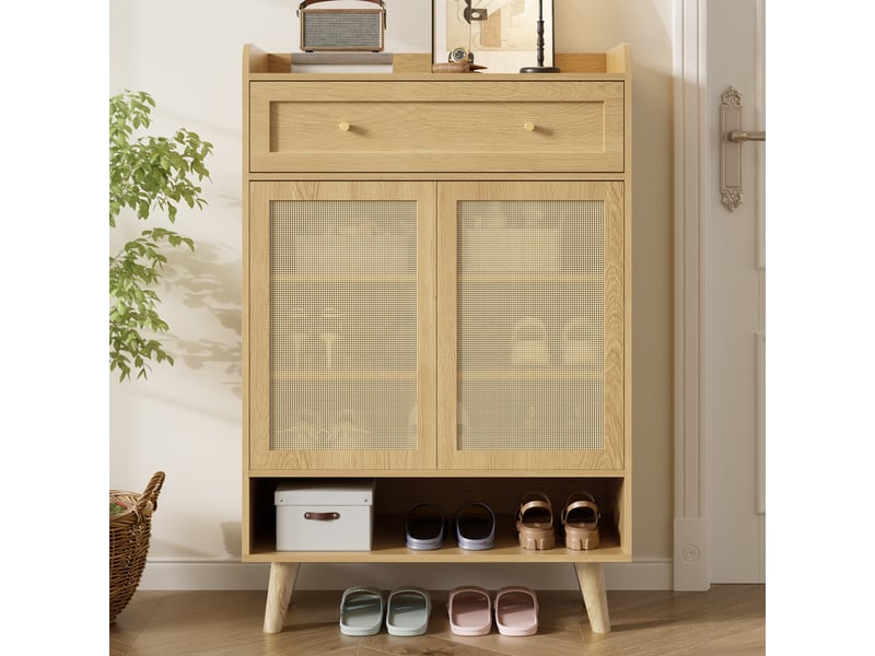  Meuble à chaussures 80x35x105 cm avec 2 portes effet cannage, 1 tiroir, 4 étagères et ouverture push-to-open - Chêne clair Fay Lum - Conforama D