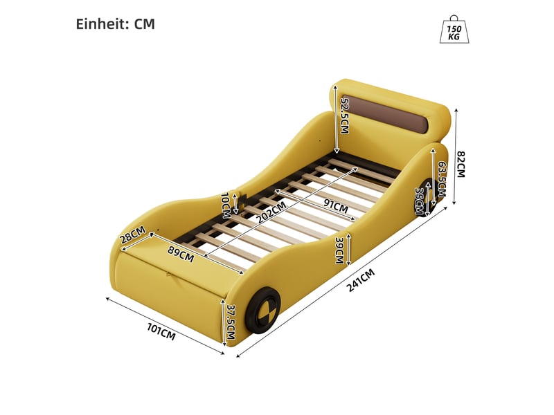  Lit enfant 90 × 200 cm 1 place avec led réglables et coffre, sans matelas, en pu jaune, forme voiture  - Conforama D