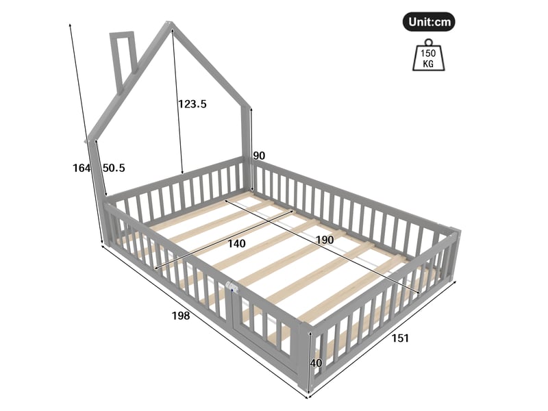  Lit enfant 140 × 190 cm 2 places avec barrière de sécurité et forme cheminée, sans matelas, en pin, gris  - Conforama D