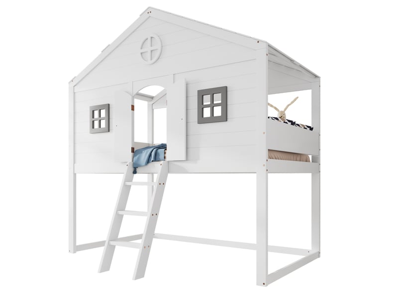  Lit mezzanine enfant 90x200 cm – blanc et gris – forme maison, escalier et barrières - sans matelas  - Conforama A