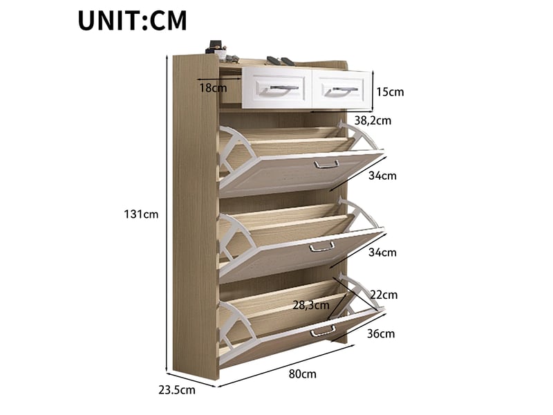 Meuble à chaussures ulevr à 3 abattants et 2 tiroirs, 80 x 23,5 x 131 cm, panneau de particules blanc et naturel - Conforama C